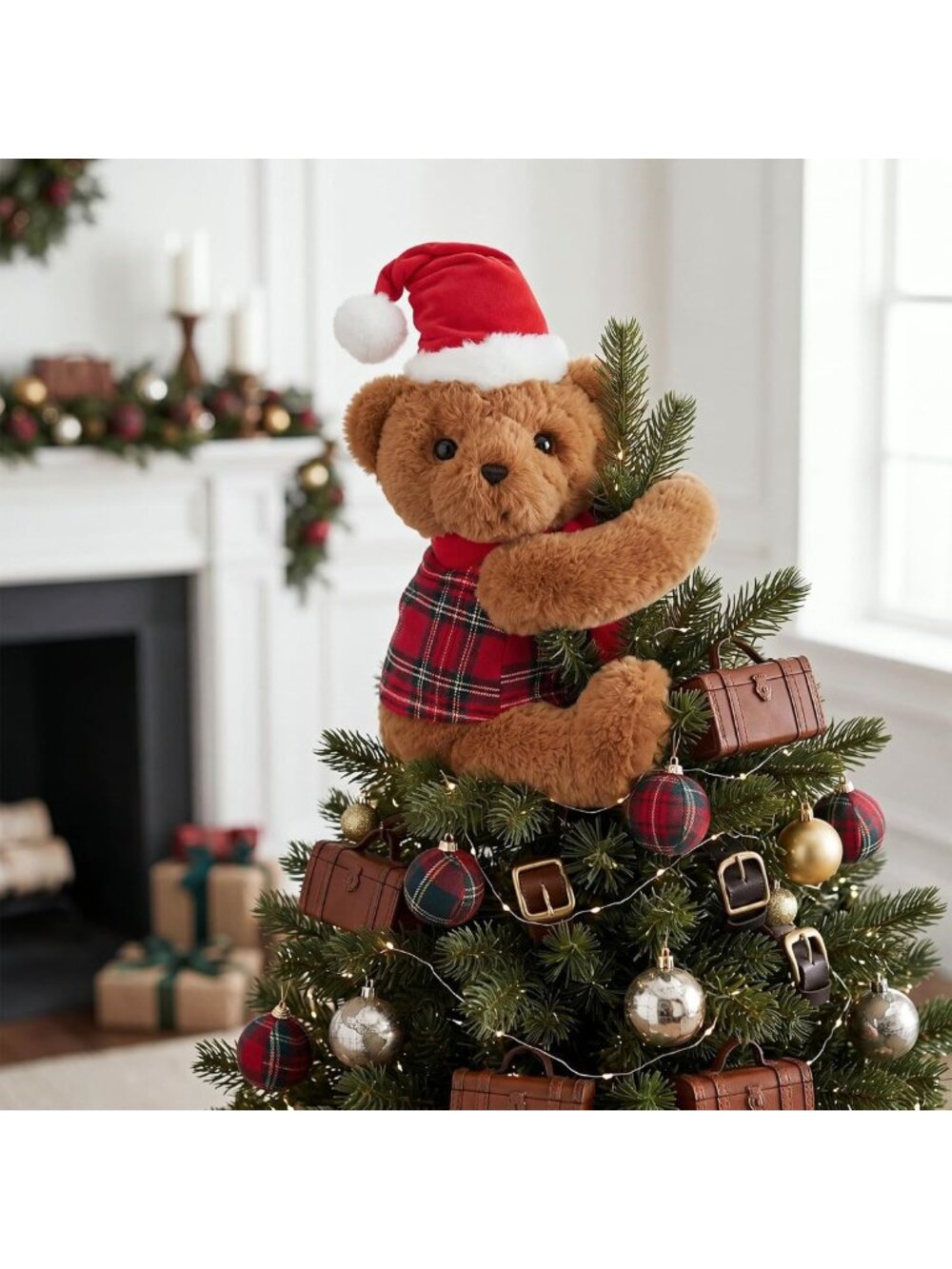 Tartan Plaid Bear Christmas Tree Topper - 15.75 Inch Holiday Decor Accent